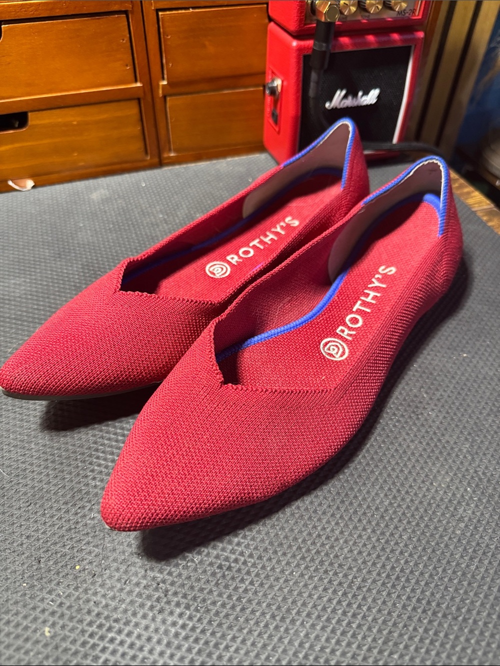 Rothy's Pointed Knit Flats in Burgundy with Blue Trim